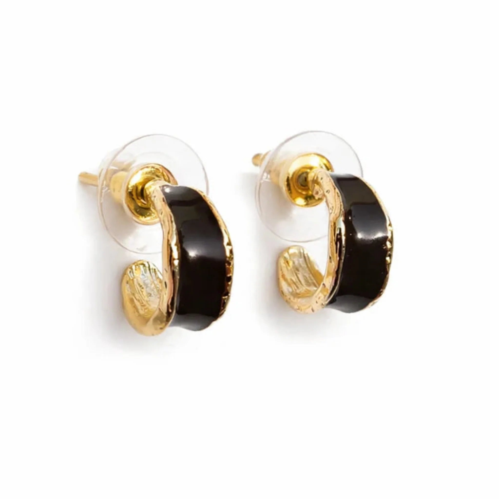 Black Enamel Earrings Huggie Hoops Gold Plated