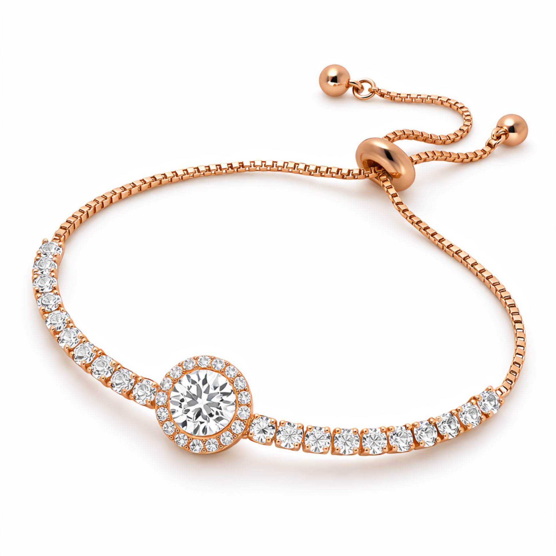 Rose gold bracelet with a central diamond and smaller diamonds along the chain